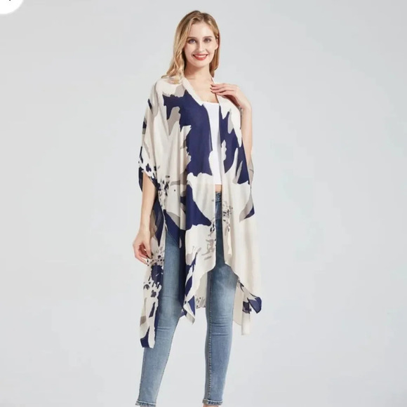 Women's White Navy Blue Casual Print Short Sleeve swim Cardigan kaftan c… - Picture 4 of 4